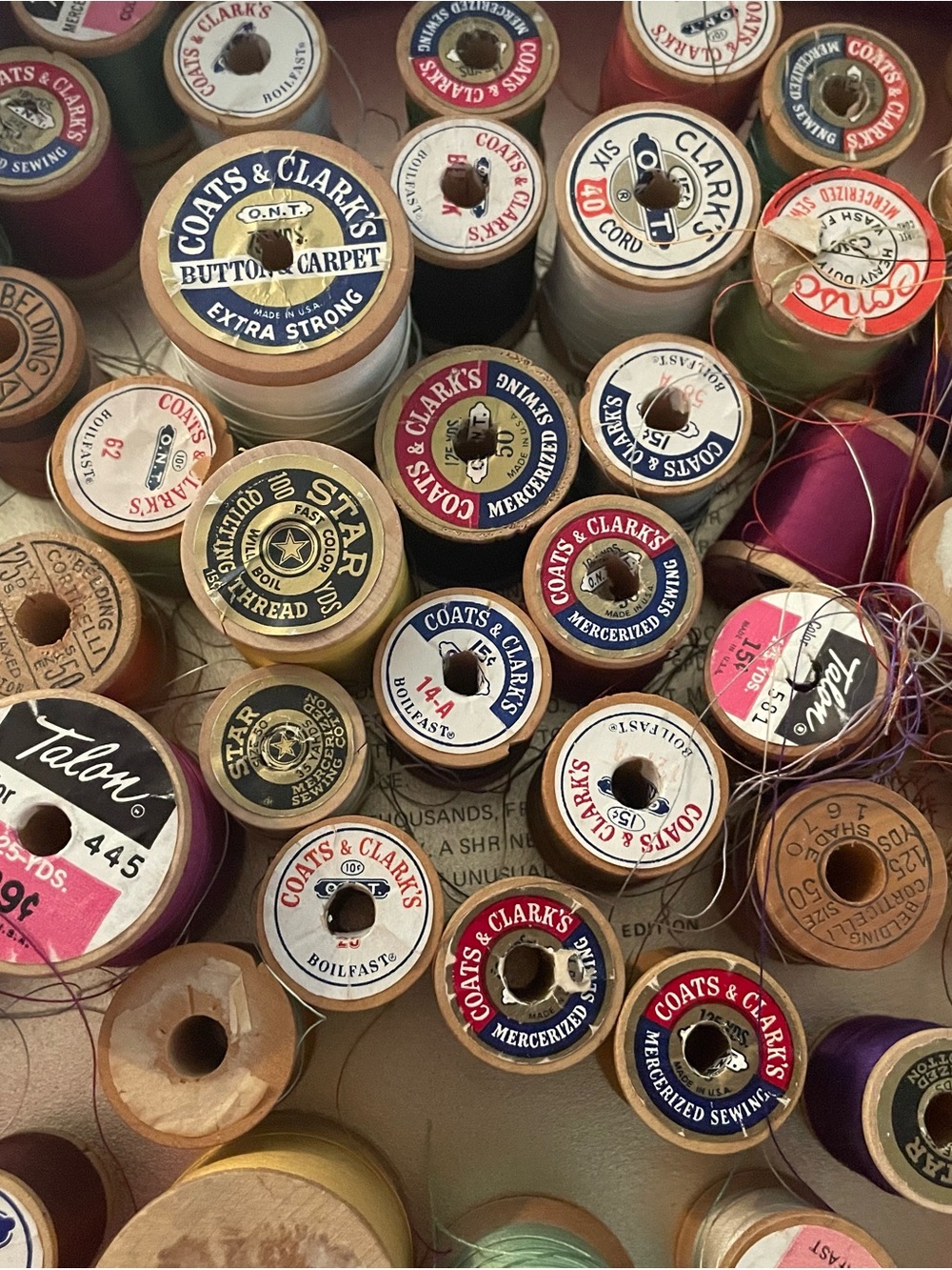 Vintage Thread Spools Lot Wood Coats Clark Talon + Sunshine Biscuit Tin